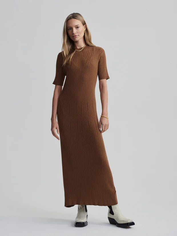 VARLEY Maeve Rib Knit Dress Caramel Pecan