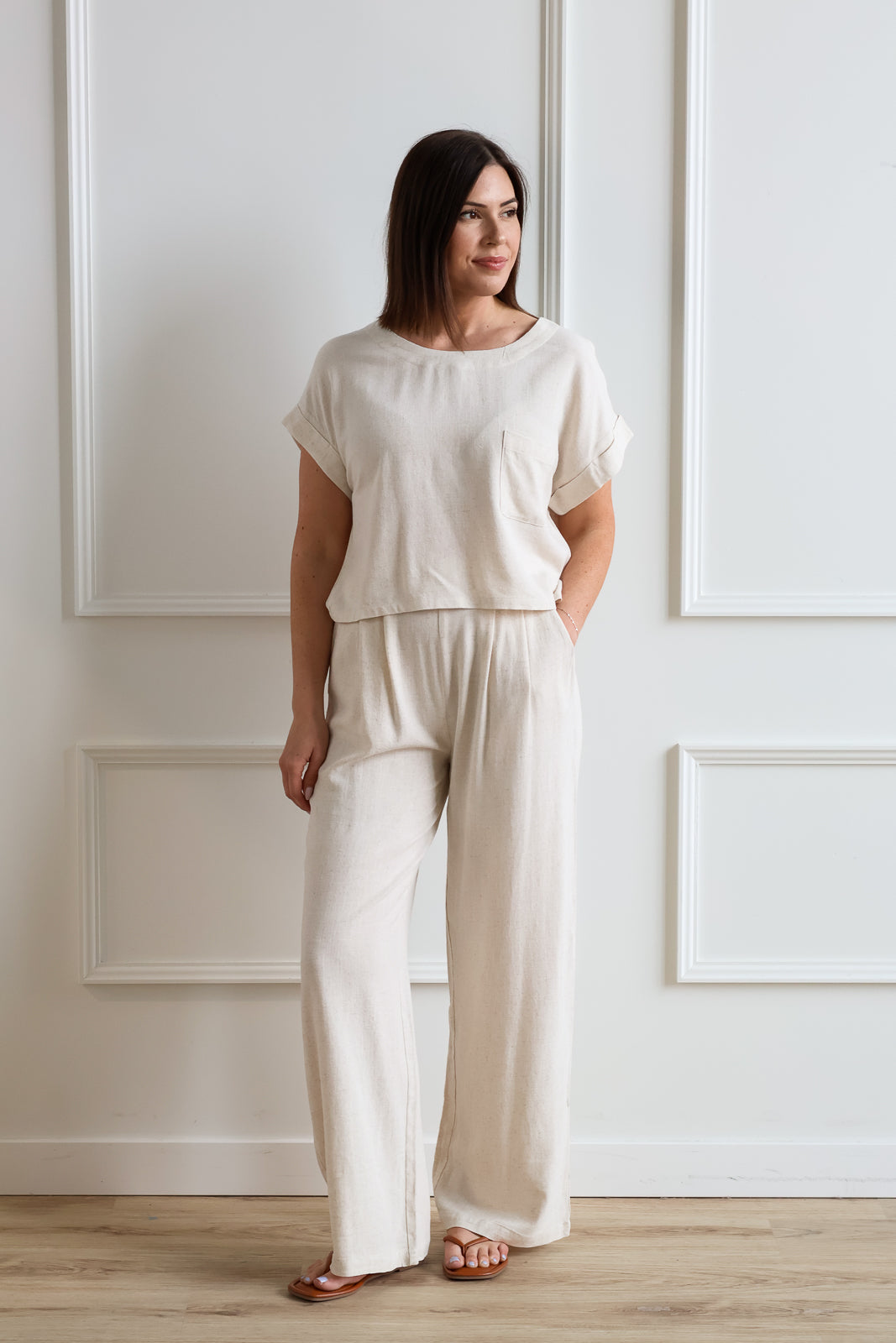 【MODERNIF】Door Linen Wide Slacks Modern Fit Linen-Blend Pants