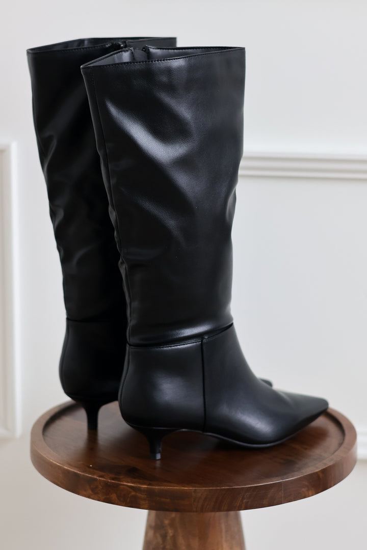 Breena Slouchy Kitten Heel Boot - Black