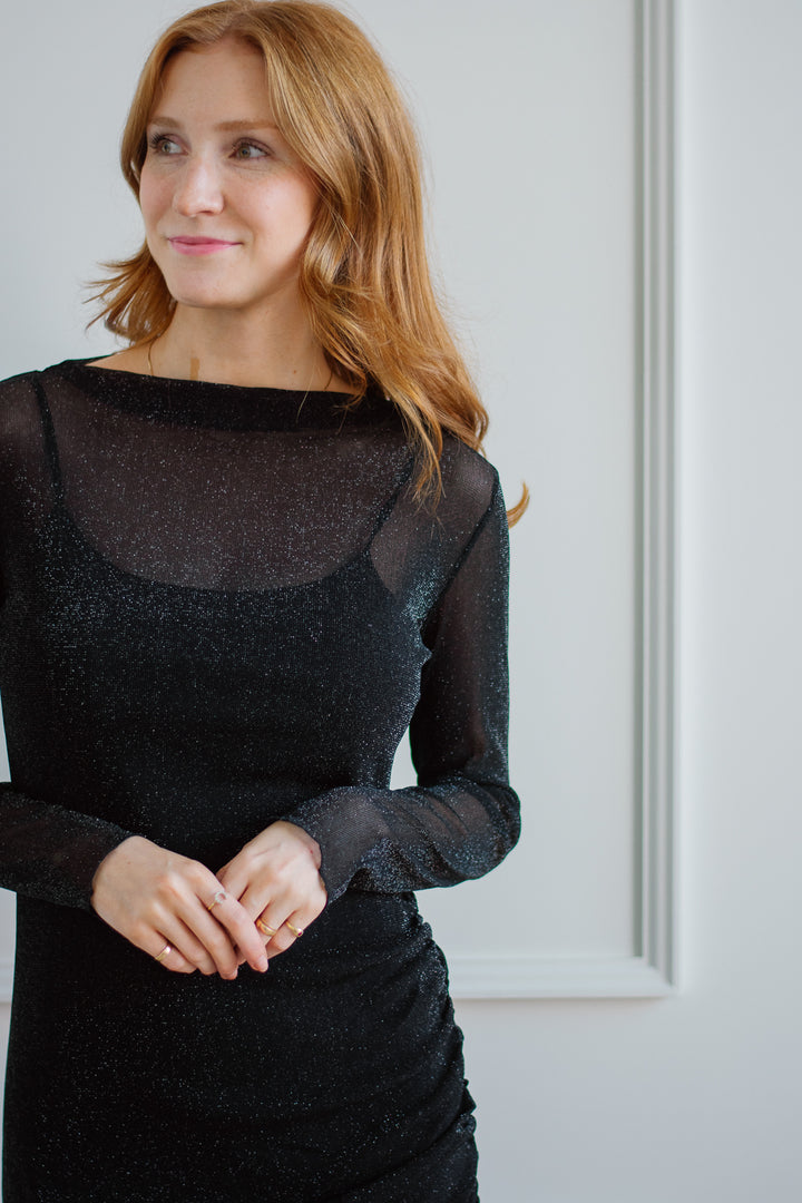 Black Shimmer Draped Dress