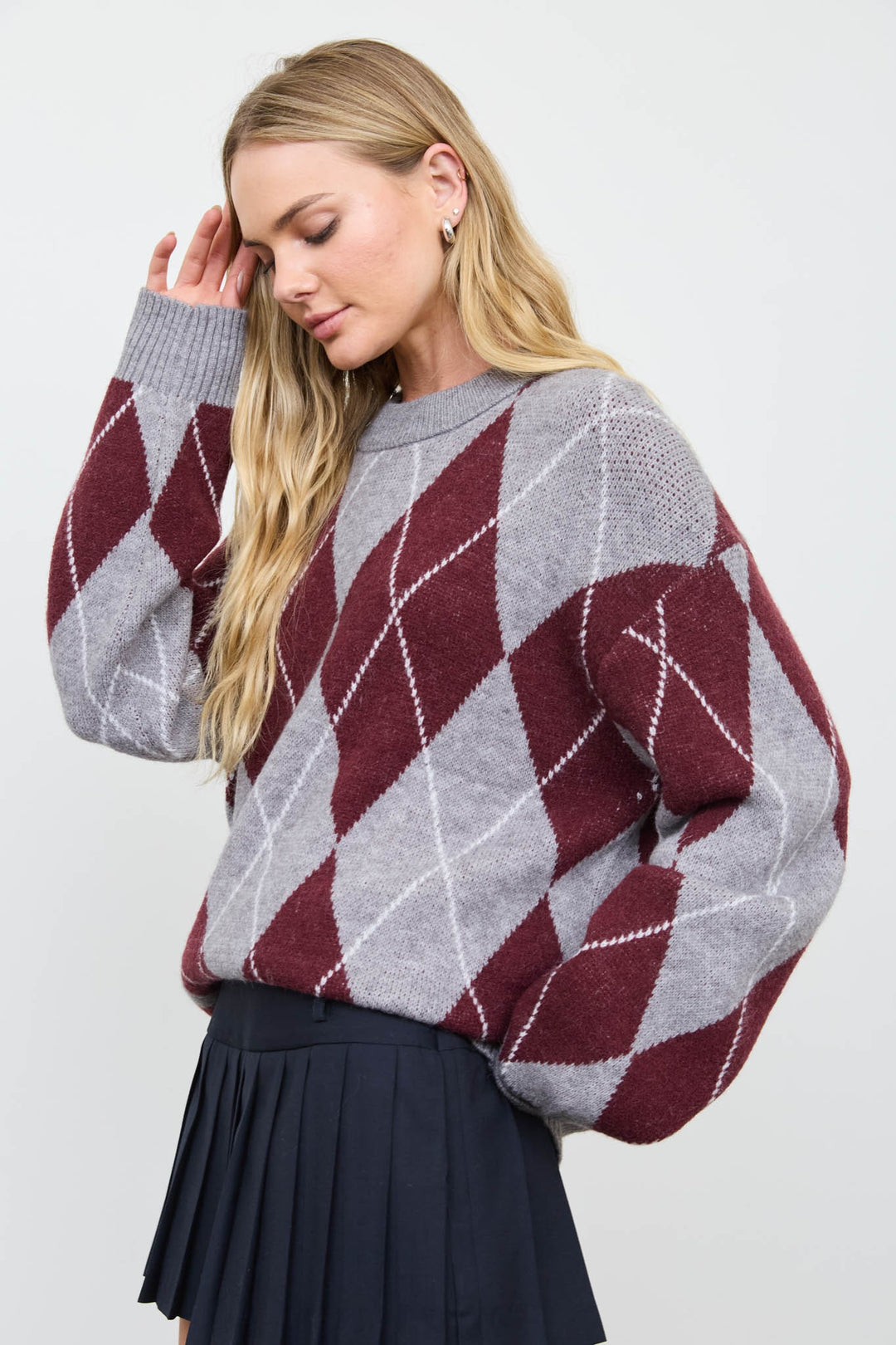 Oversized Argyle Knit - Maroon