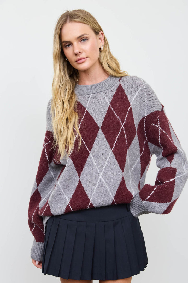 Oversized Argyle Knit - Maroon