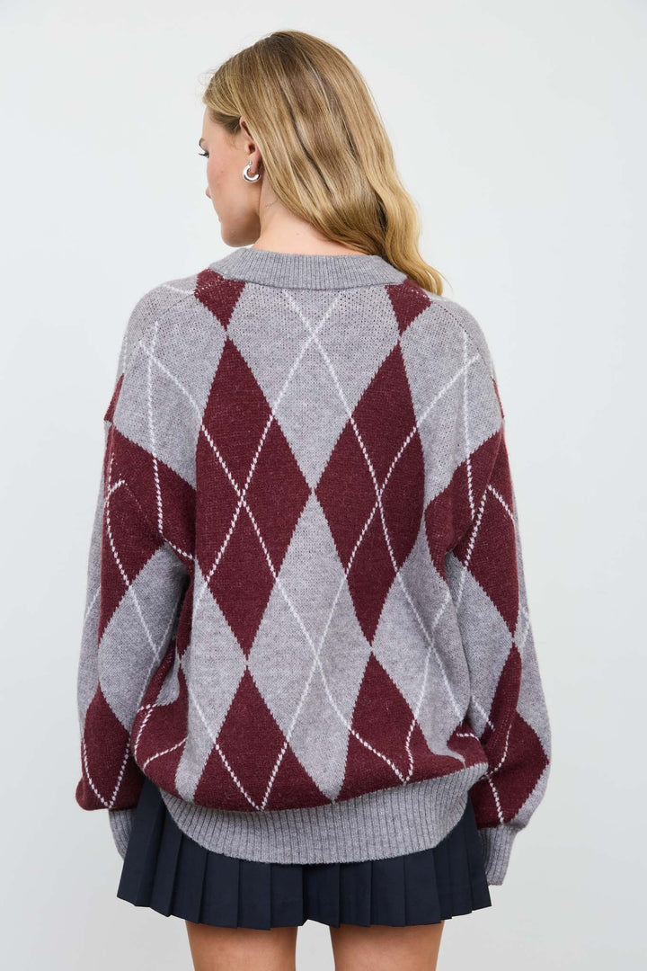 Oversized Argyle Knit - Maroon