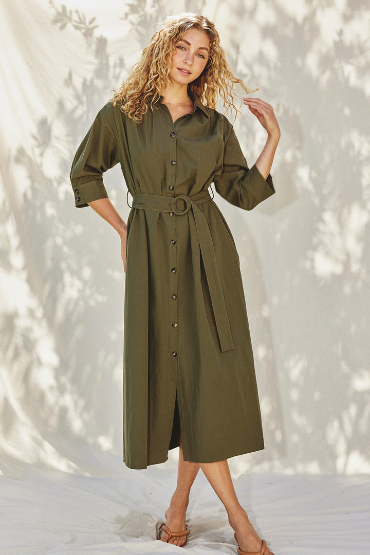 Belted Button Midi - Olive