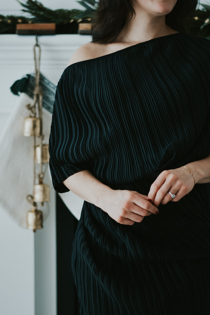 One Shoulder Pleated Midi Dress