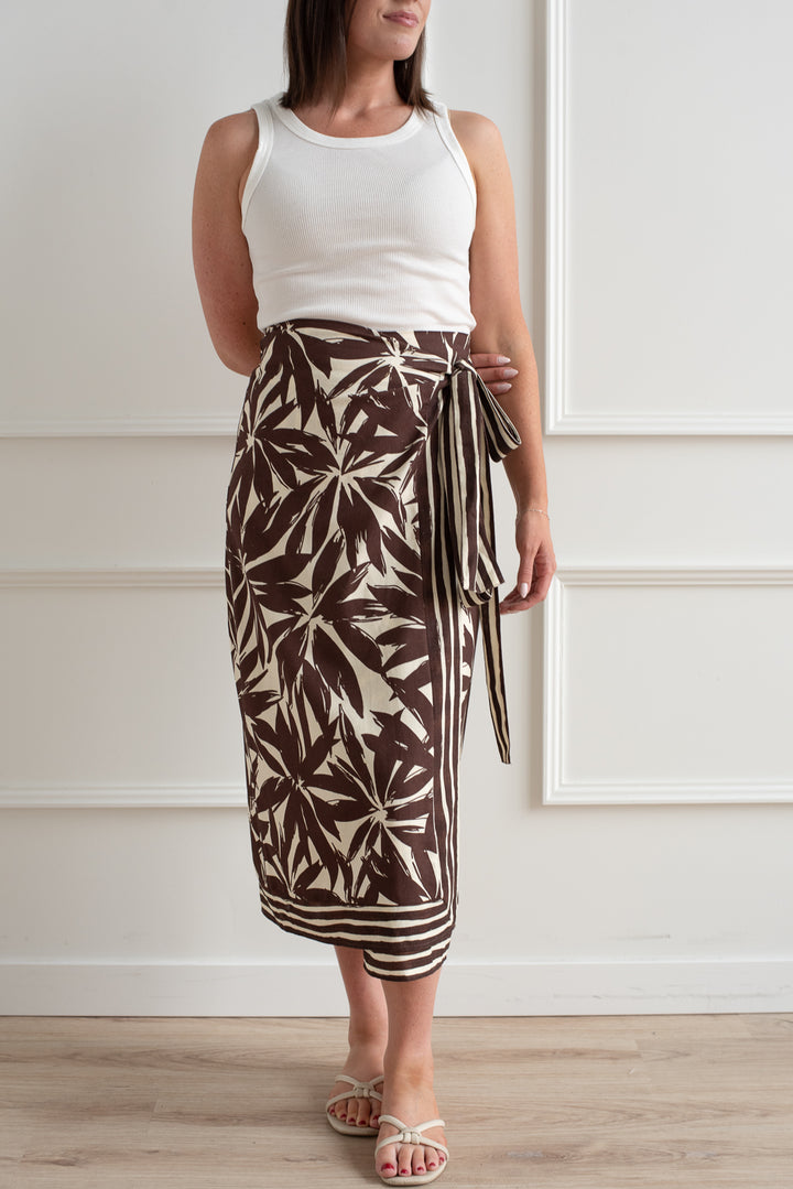 Mocha Floral Linen Wrap Skirt