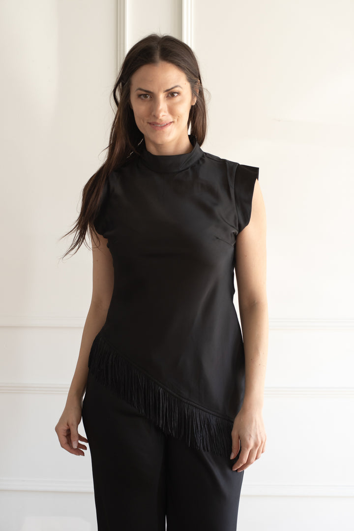 Ella Asymmetrical Fringe Tank - Black