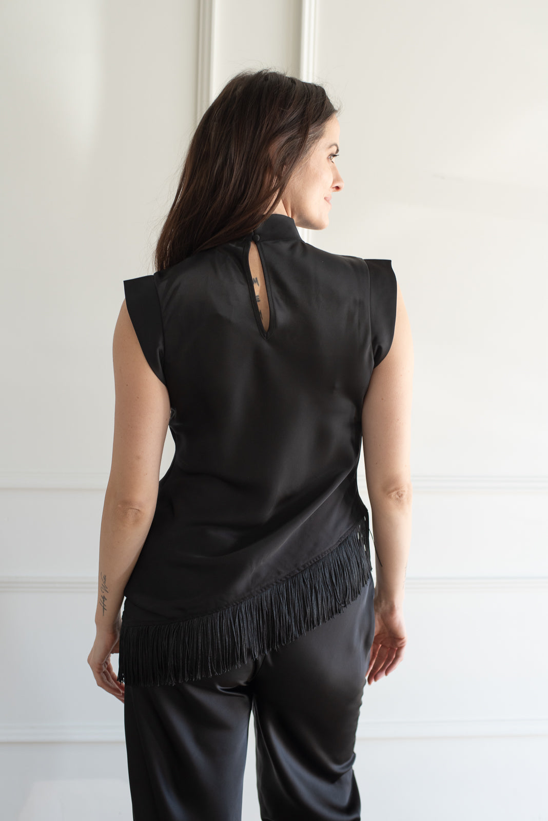 Ella Asymmetrical Fringe Tank - Black