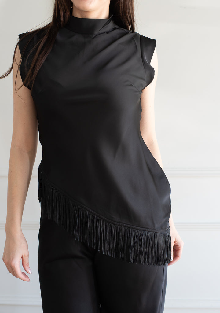 Ella Asymmetrical Fringe Tank - Black