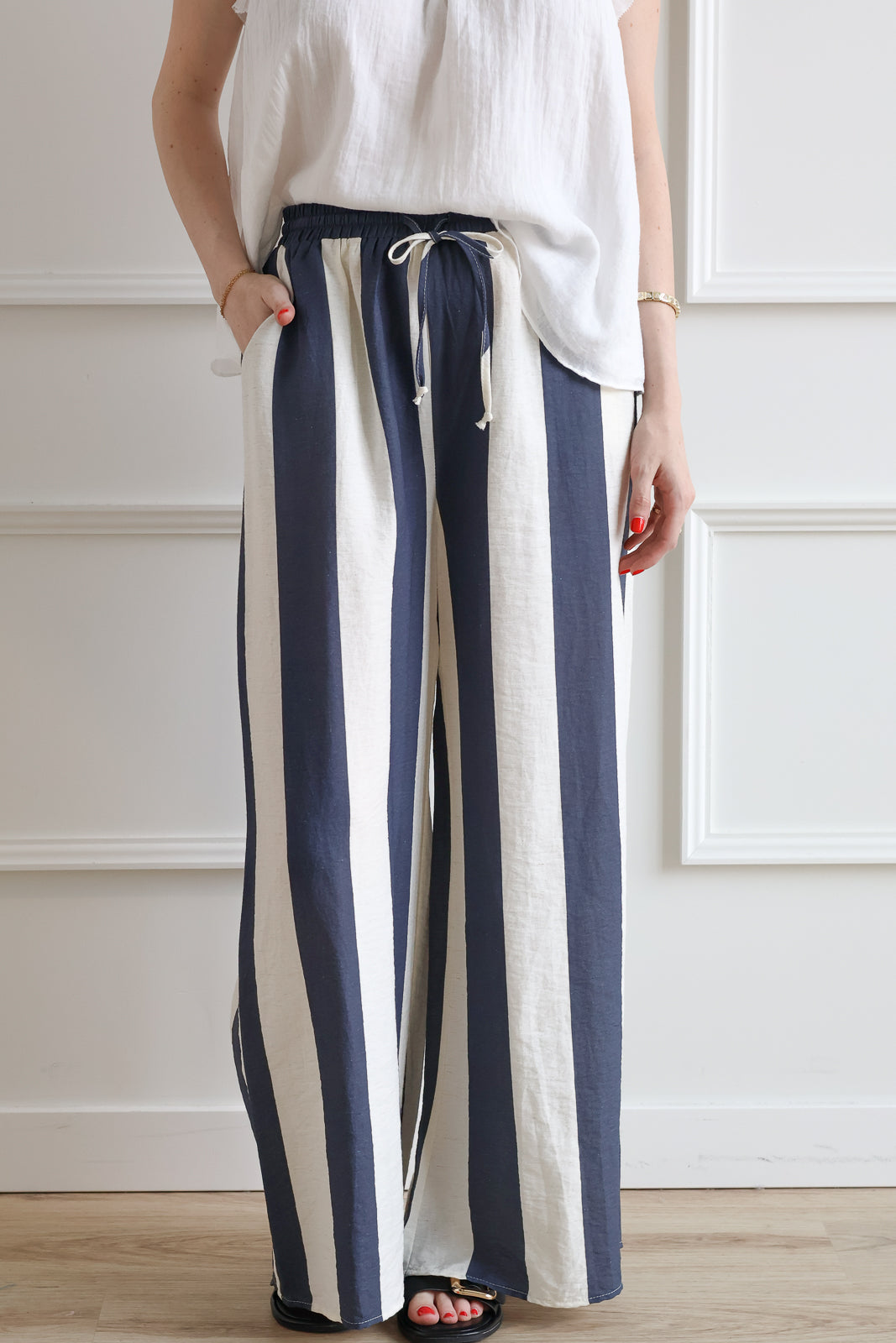 Navy Stripe Wide Leg Trouser