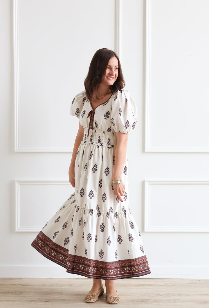 Puff Sleeve Brown Floral Midi