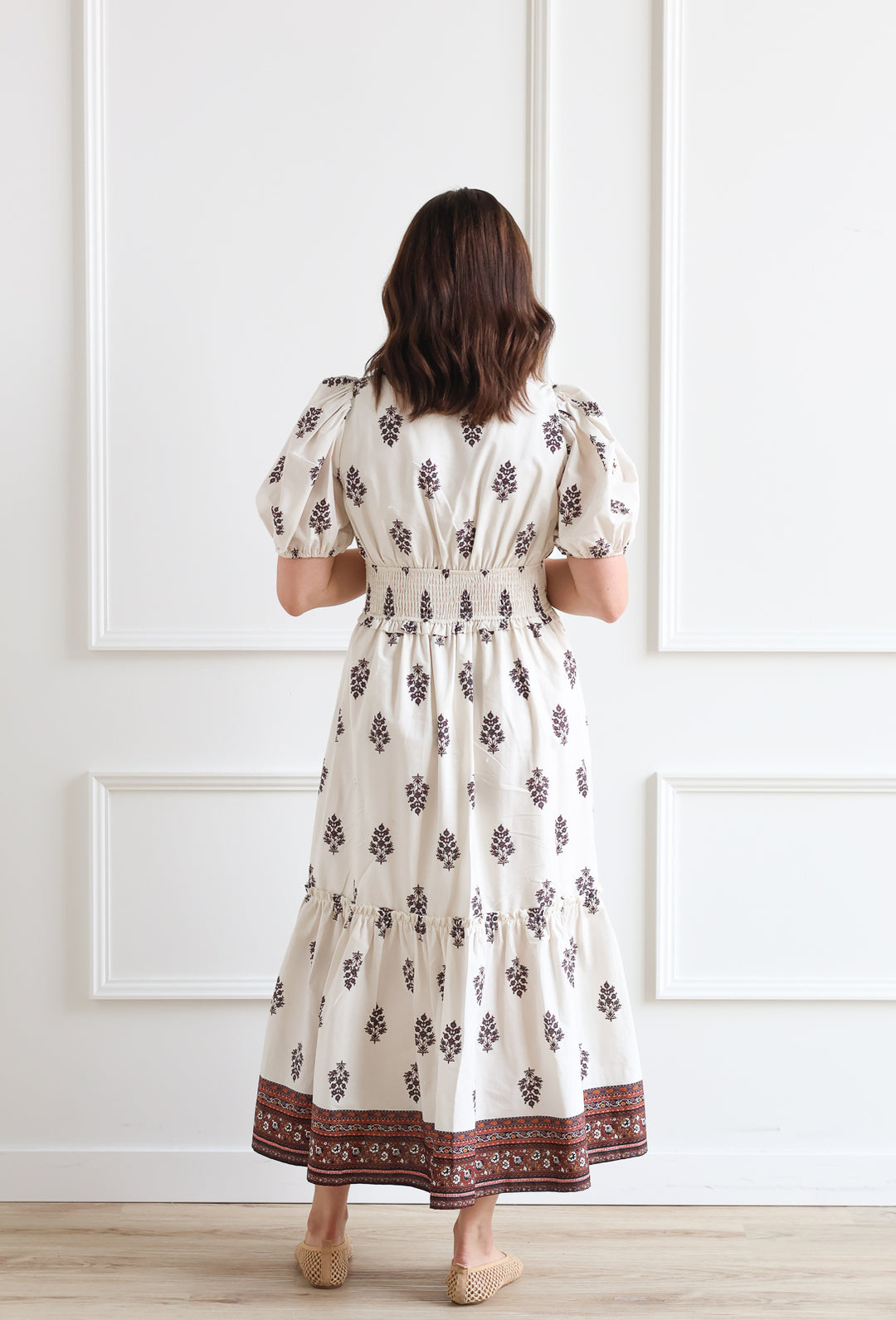 Puff Sleeve Brown Floral Midi