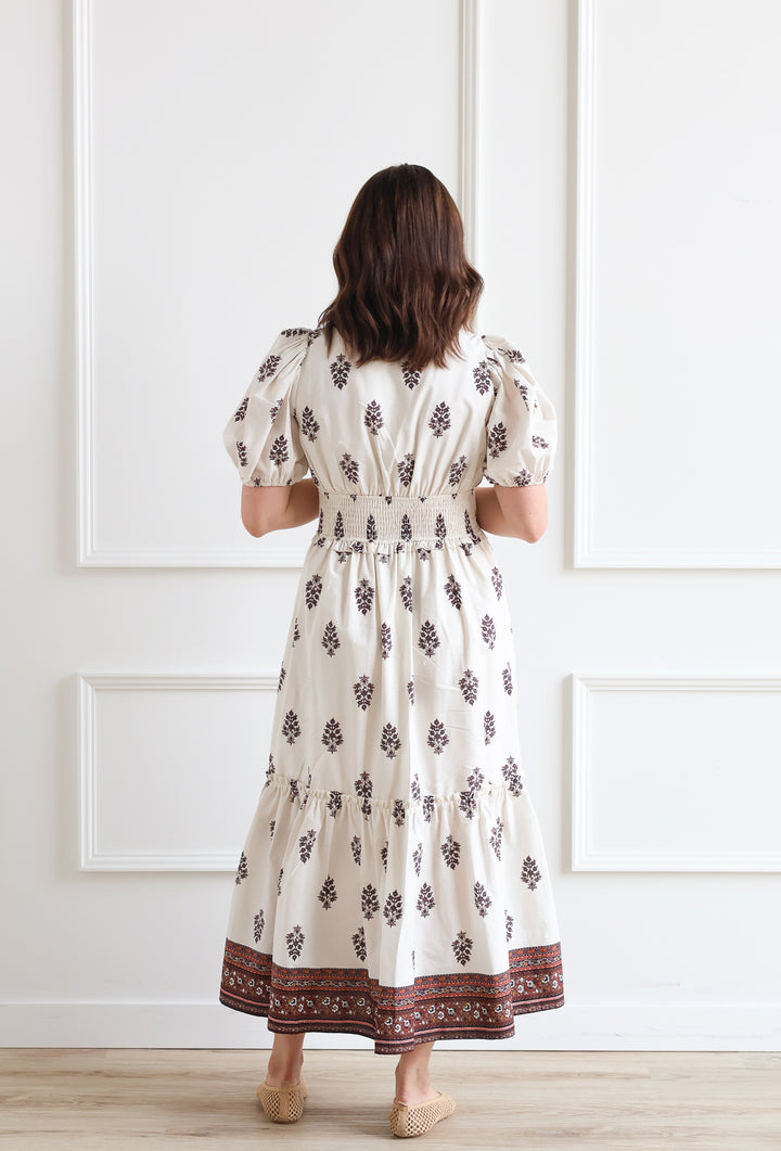 Puff Sleeve Brown Floral Midi