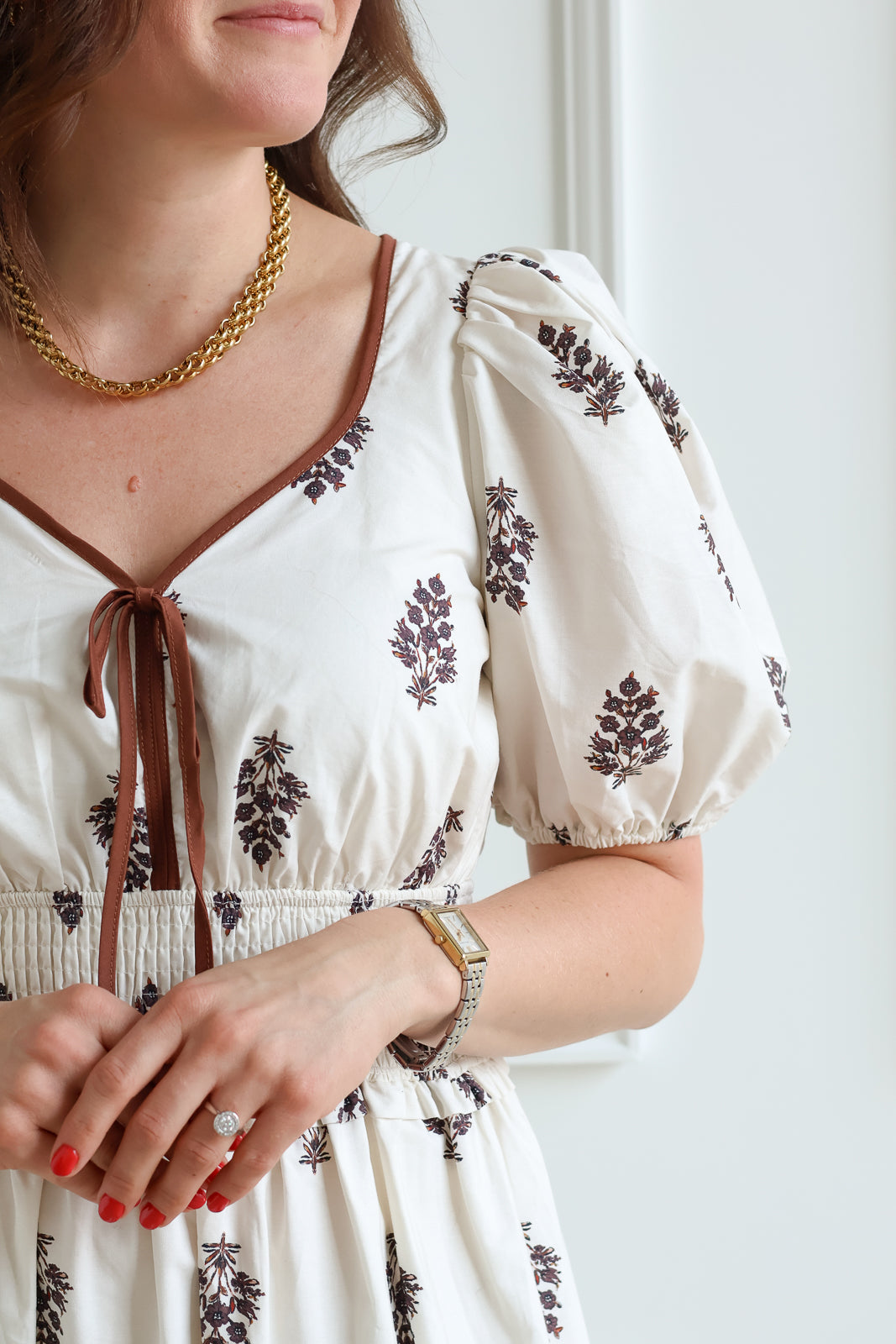 Puff Sleeve Brown Floral Midi