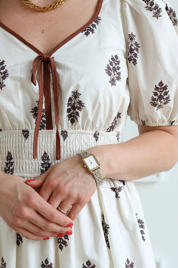 Puff Sleeve Brown Floral Midi