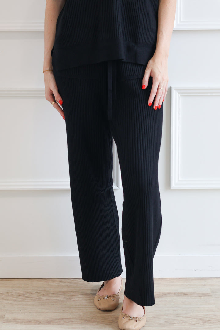 Wide Leg Rib Knit Pant - Black