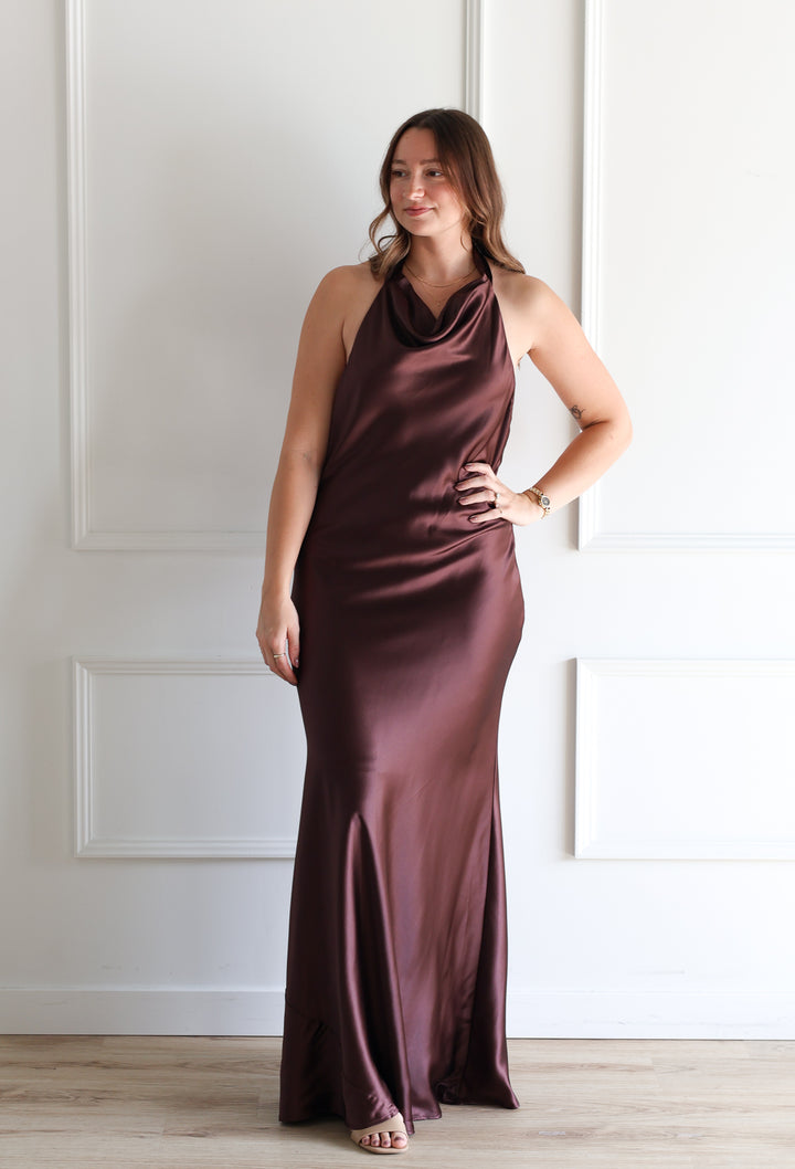 Satin Fudge Halter Maxi