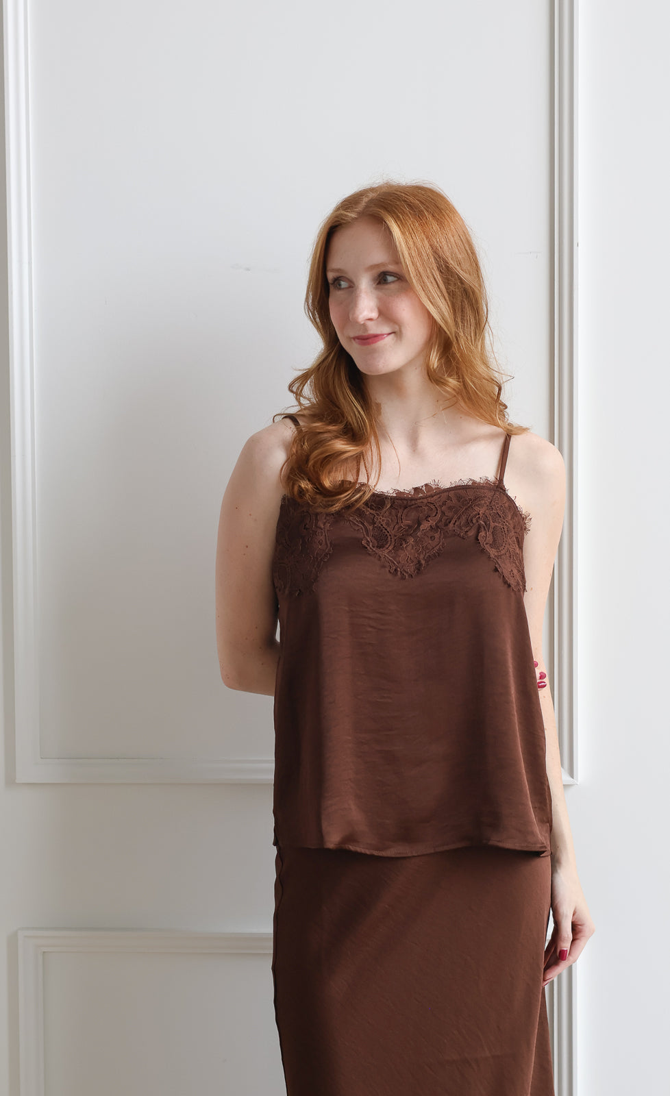 Nutmeg Satin Lace Trim Tank