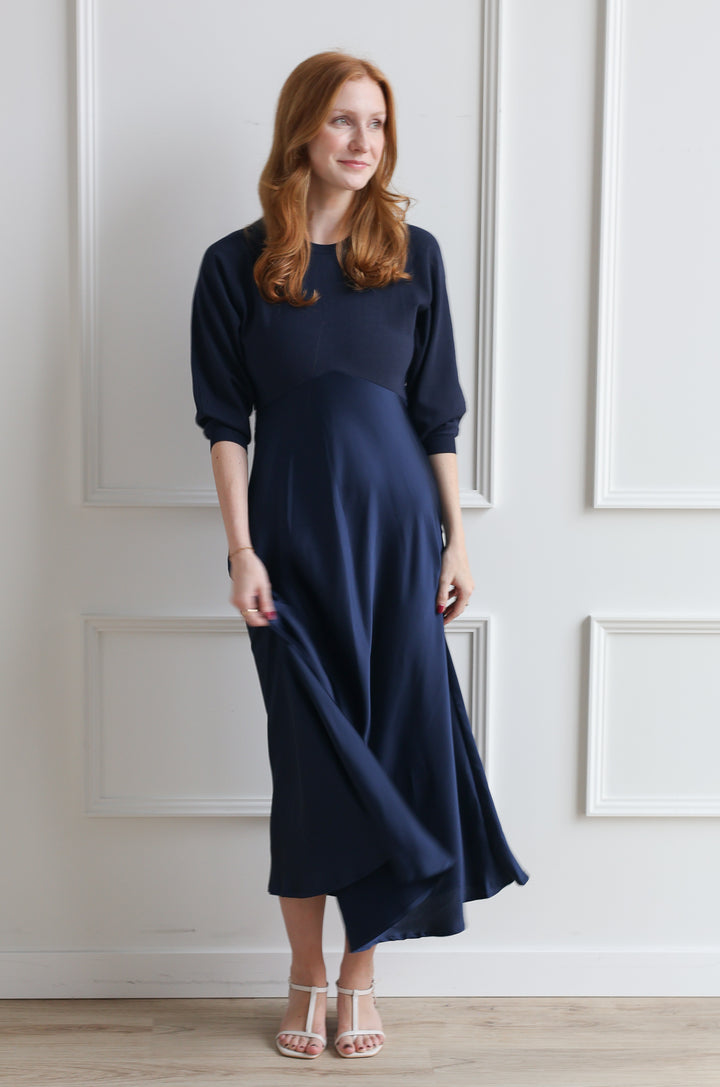 Mixed Media Satin Midi - Navy