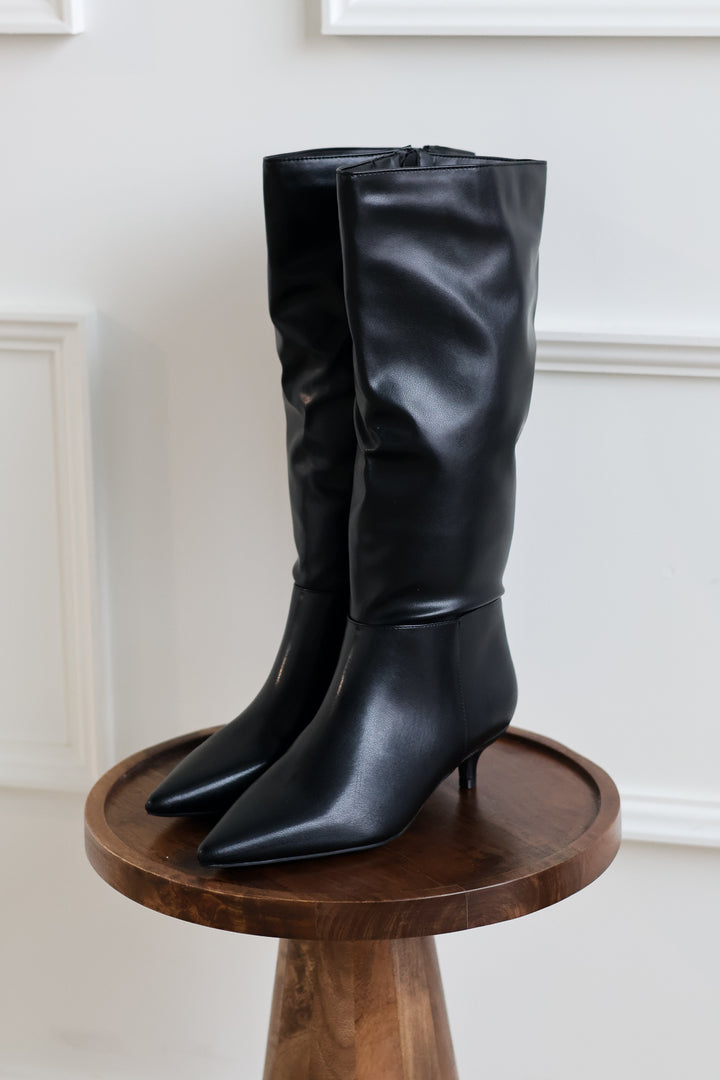 Breena Slouchy Kitten Heel Boot - Black