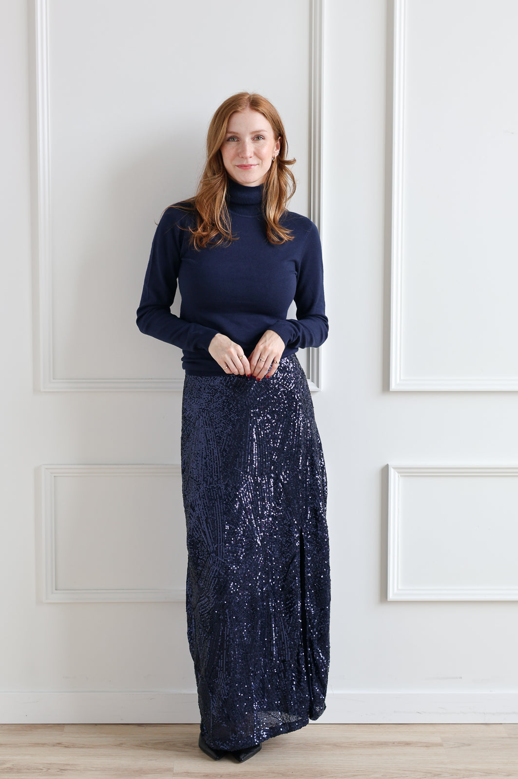 ICHI | Navy Sequin Maxi Skirt