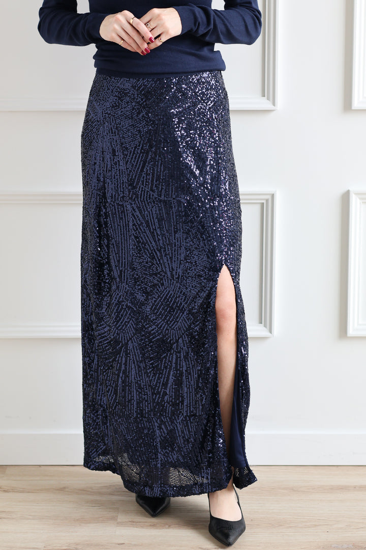 ICHI | Navy Sequin Maxi Skirt