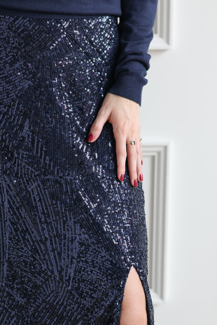 ICHI | Navy Sequin Maxi Skirt