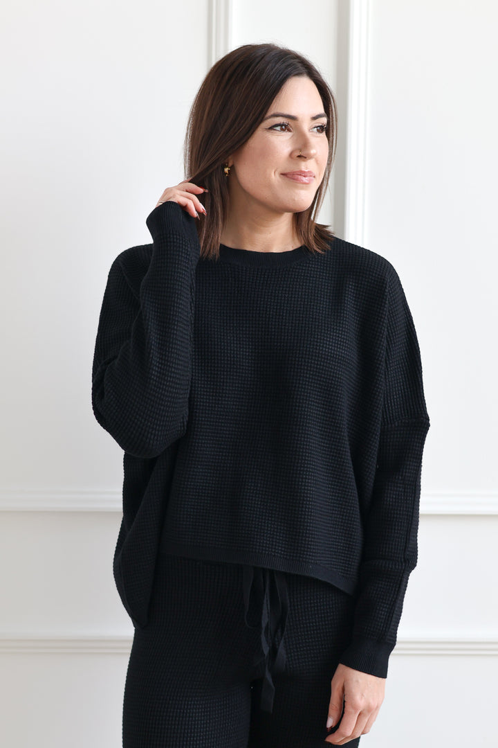 Waffle Knit Lounge Top - Black