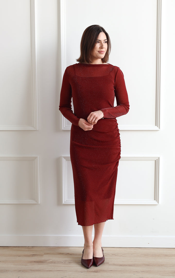 Shimmer Draped Dress - Wine