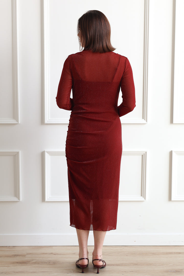 Shimmer Draped Dress - Wine