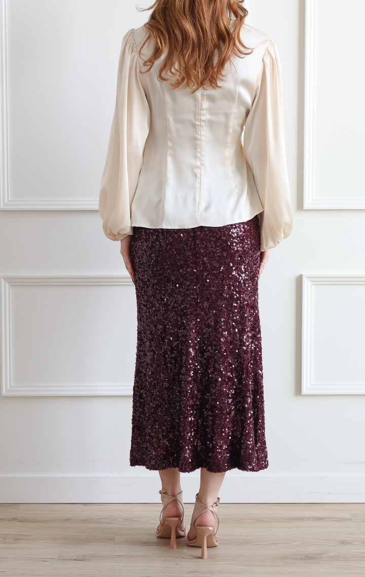 Plum Sequin Midi Skirt