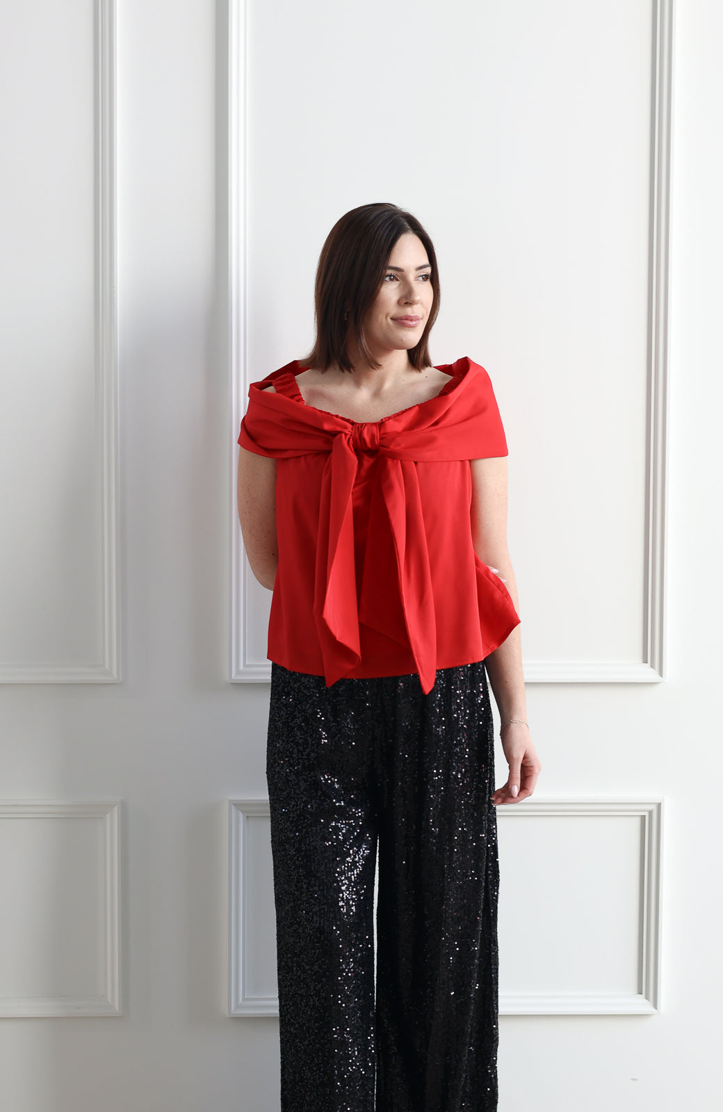 Ribbon OTS Blouse - Holly Red