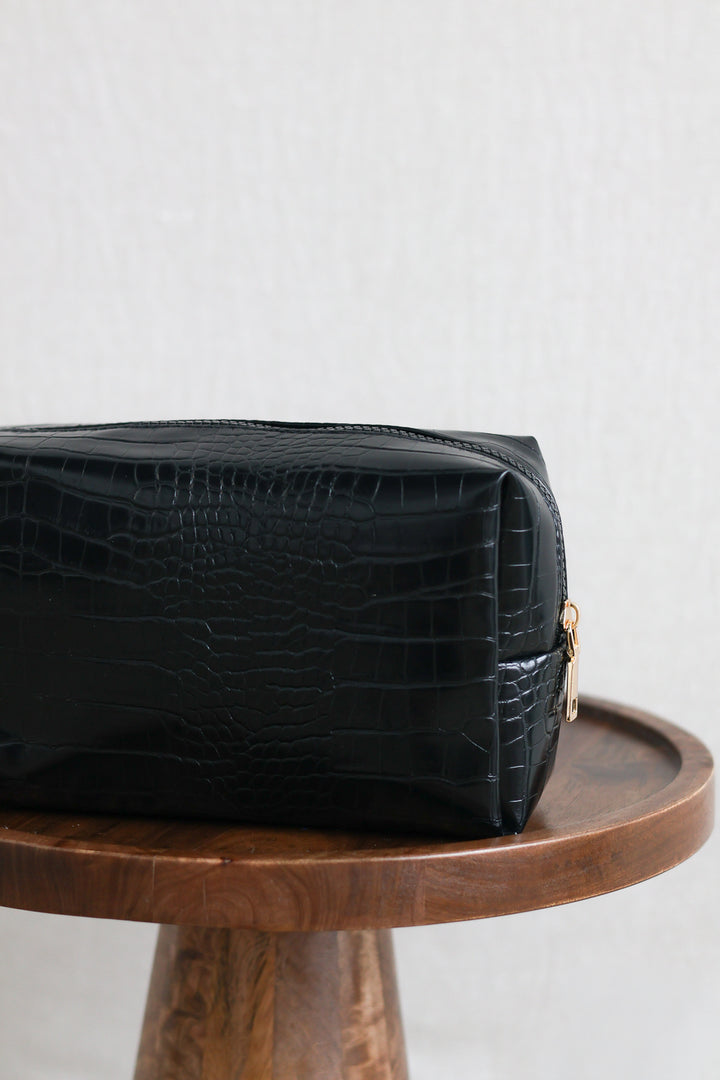 Emilia Crocodile Cosmetic Pouch - Black