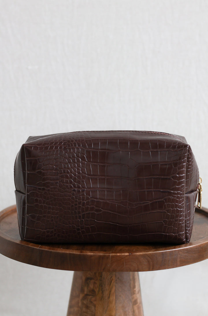 Emilia Crocodile Cosmetic Pouch - Chocolate Brown