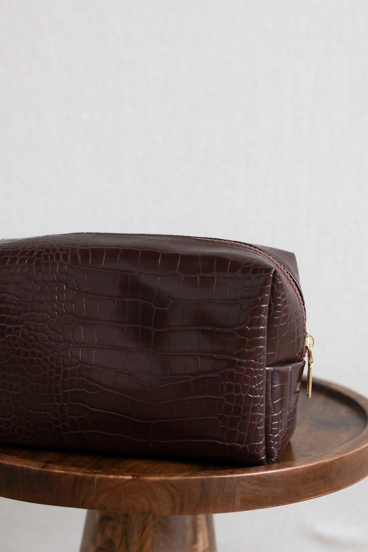 Emilia Crocodile Cosmetic Pouch - Chocolate Brown