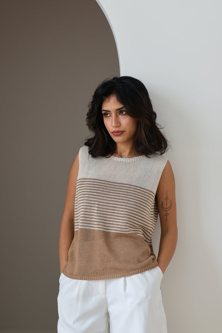 Striped Crochet Tank - Taupe