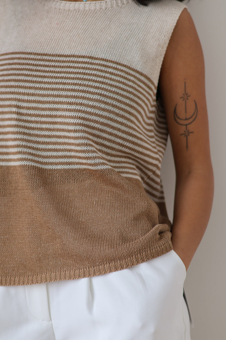 Striped Crochet Tank - Taupe