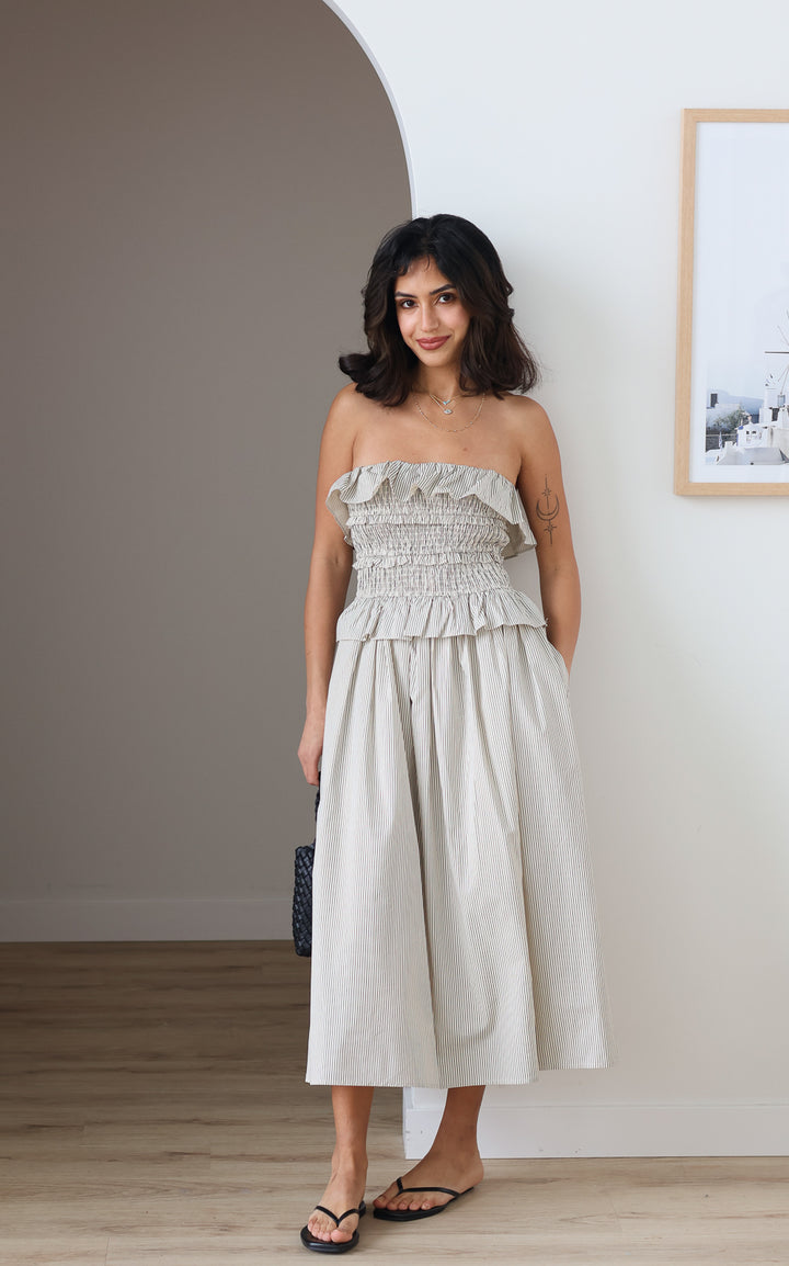 Flynn Striped Strapless Midi