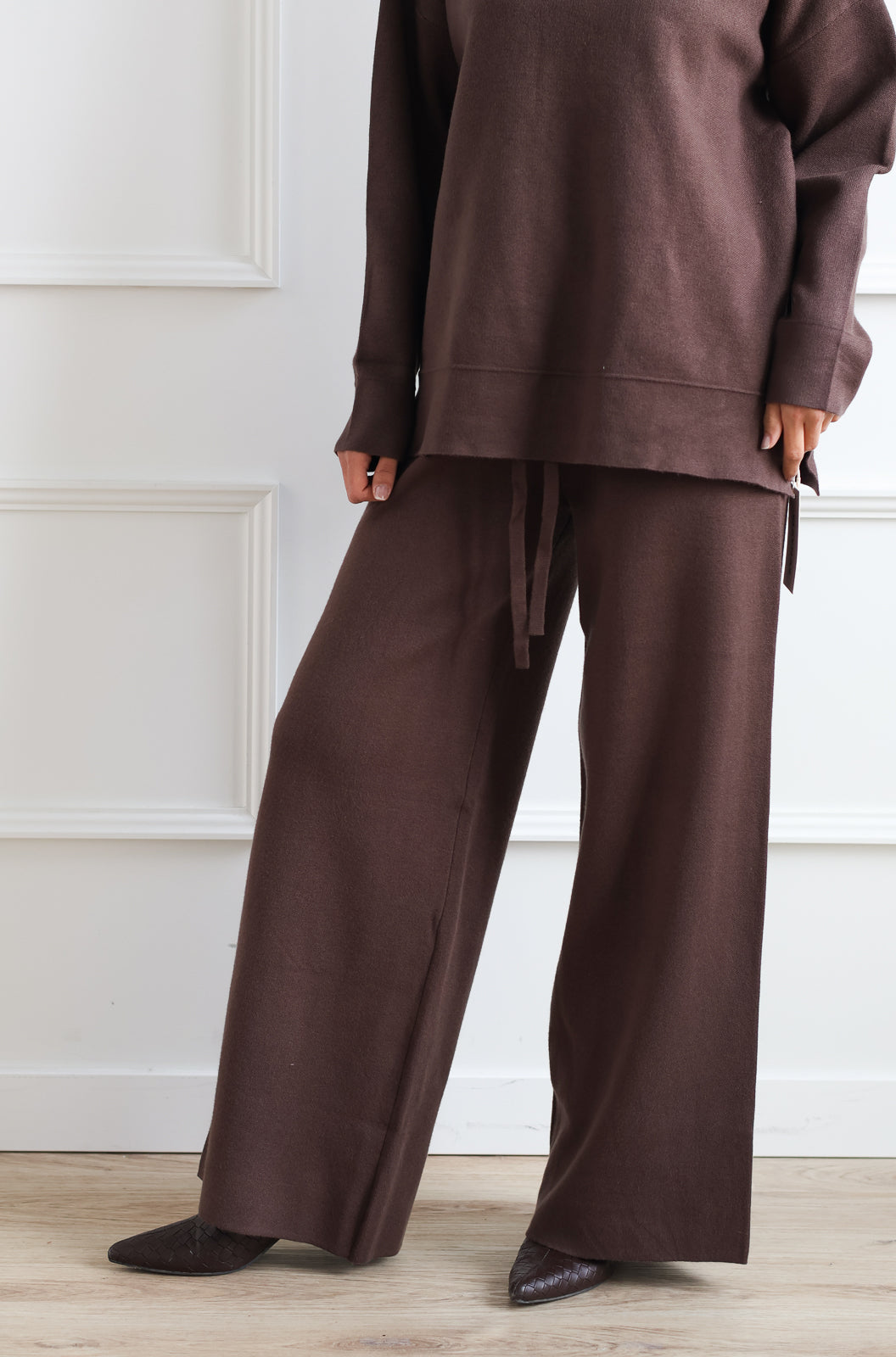 Wide Leg Drawstring Knit Pant - Café Latte