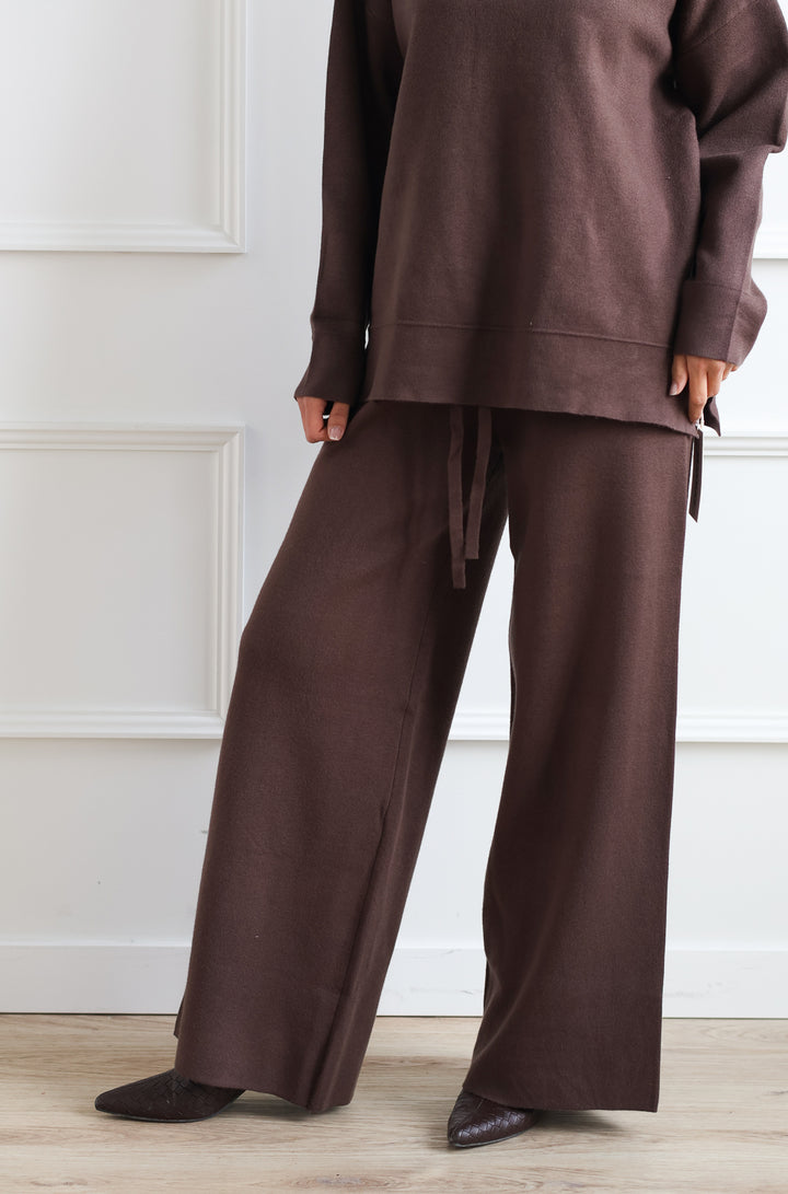Wide Leg Drawstring Knit Pant - Café Latte