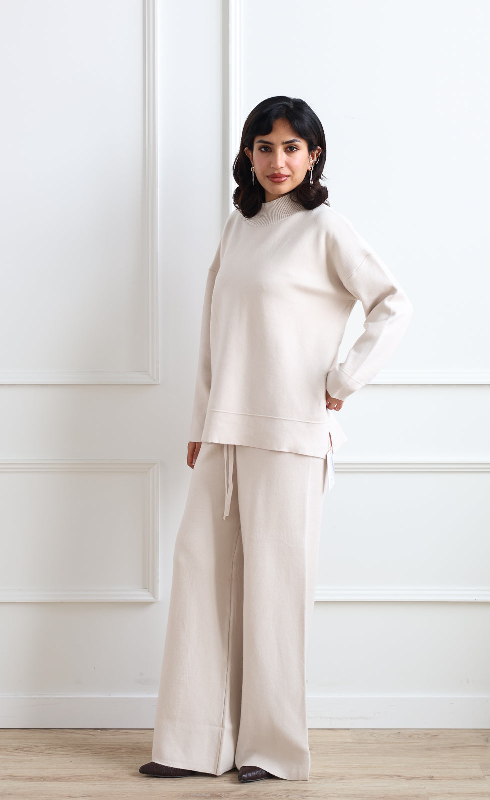 Wide Leg Drawstring Knit Pant - Ivory