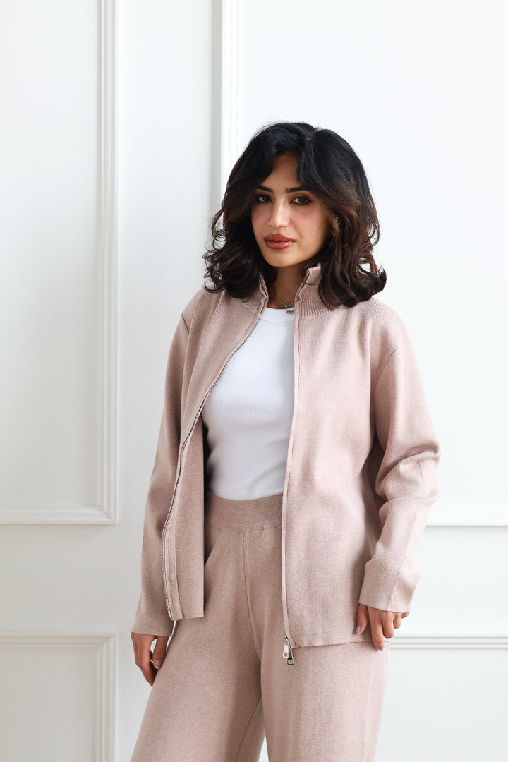 Full Zip Knit Sweater - Taupe