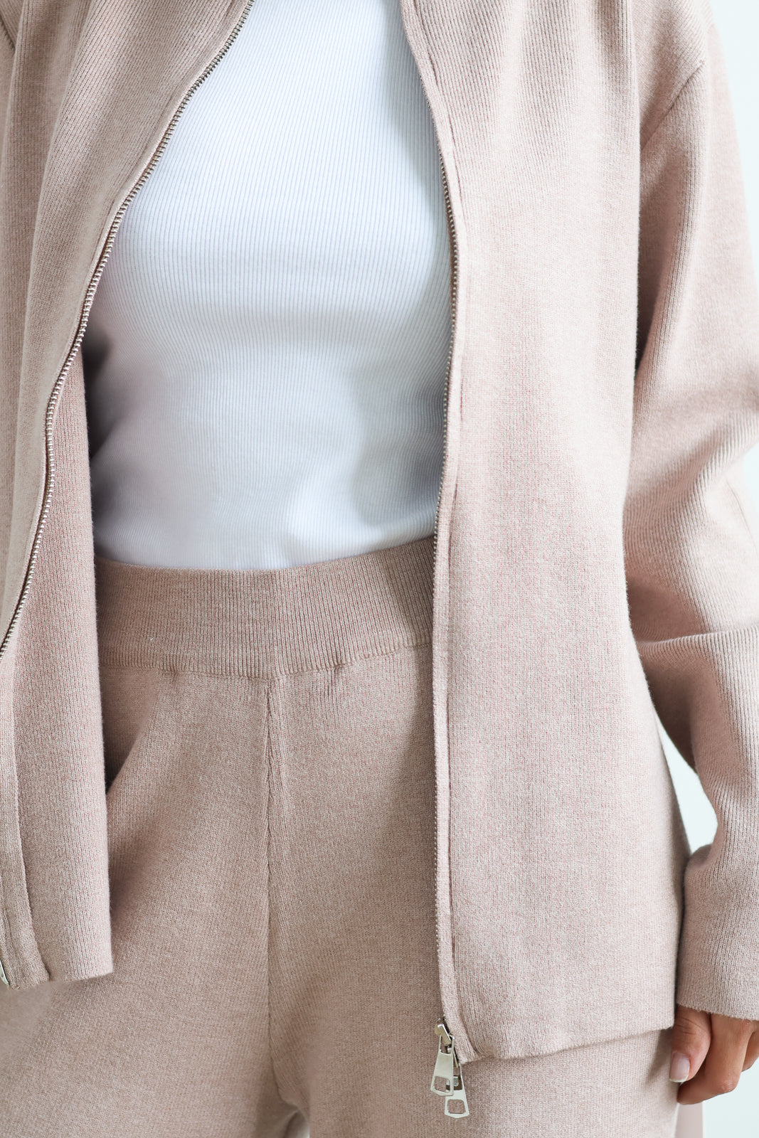 Full Zip Knit Sweater - Taupe