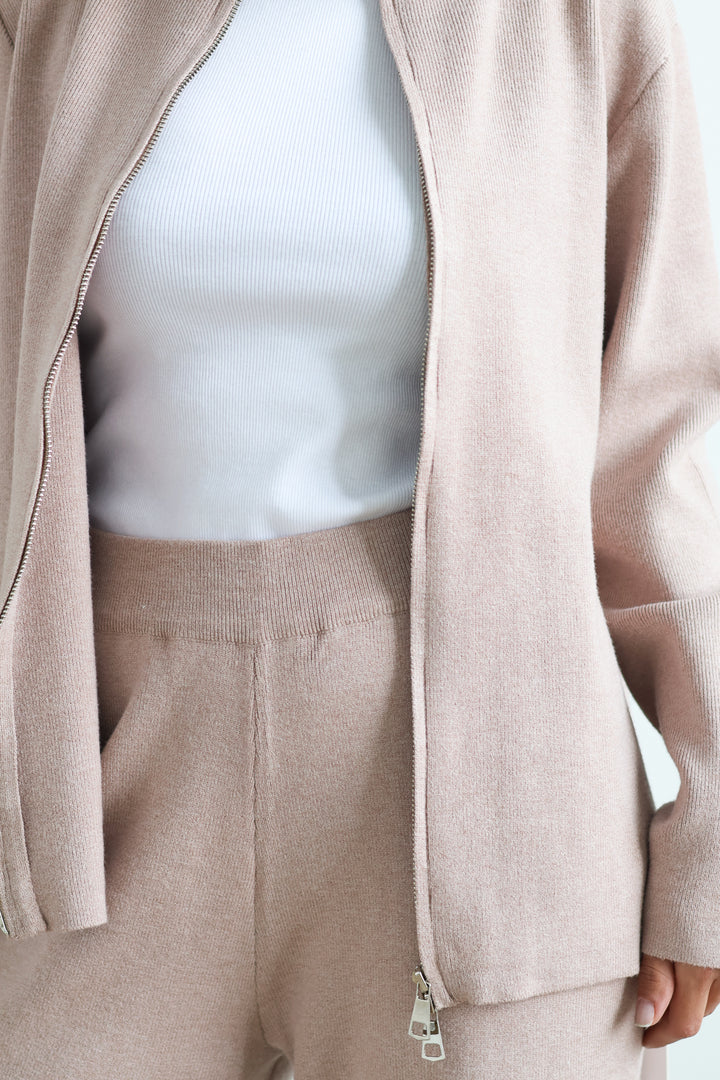 Full Zip Knit Sweater - Taupe