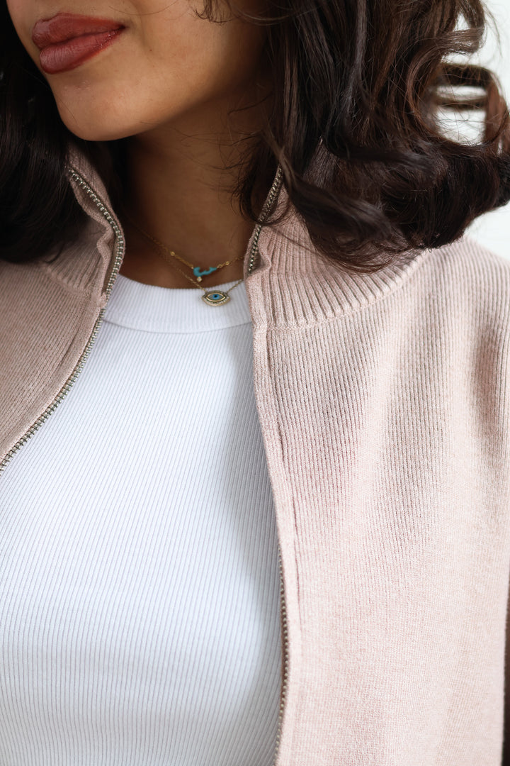 Full Zip Knit Sweater - Taupe