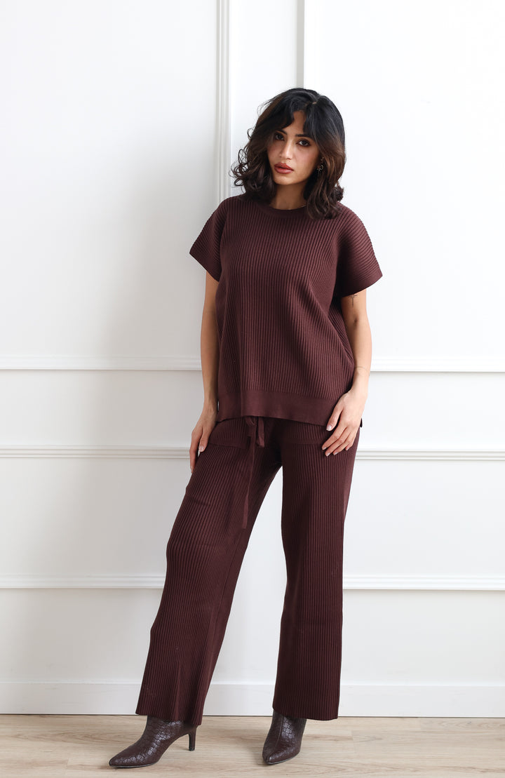 Wide Leg Rib Knit Pant - Cacao