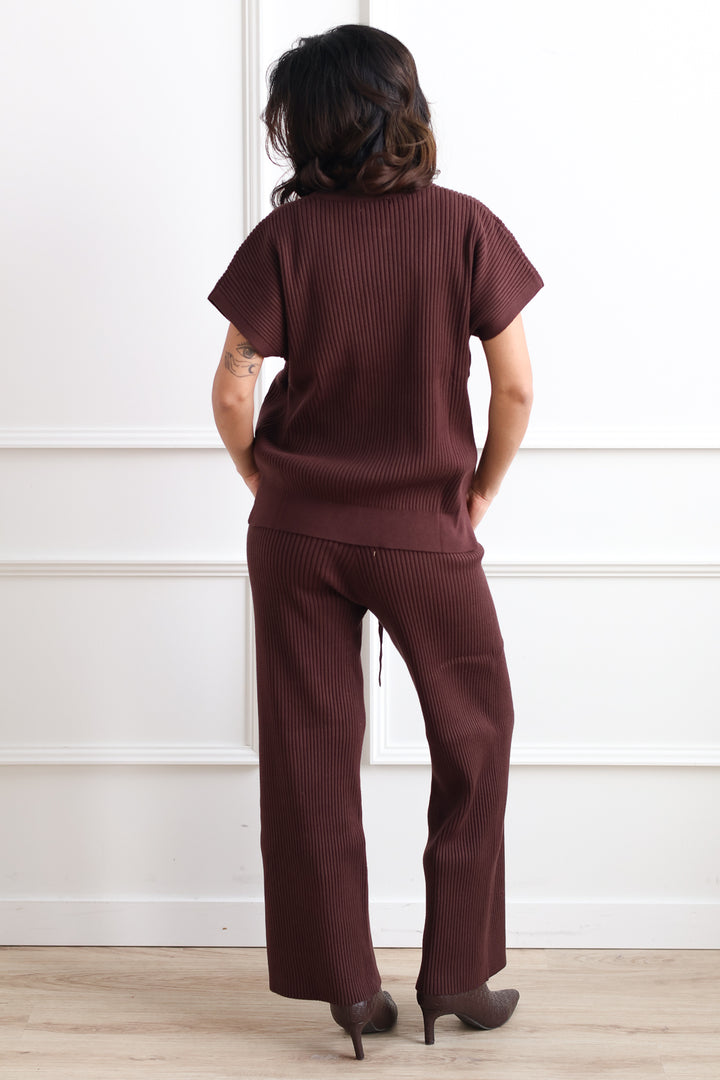 Wide Leg Rib Knit Pant - Cacao