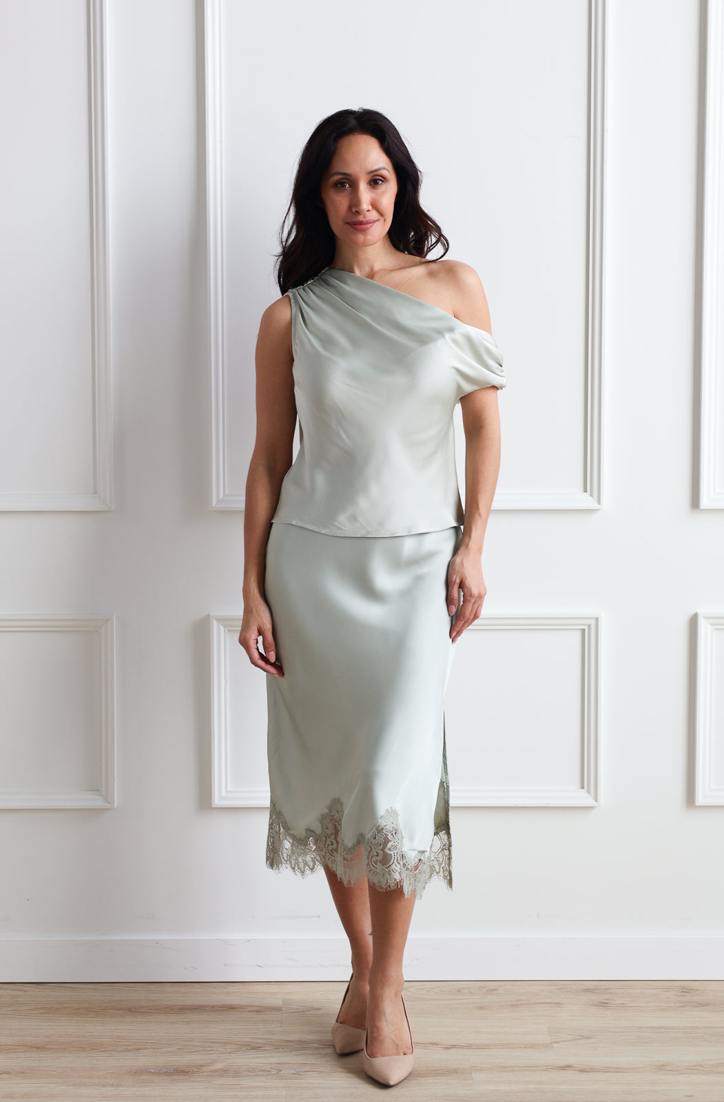 Sage Satin Asymmetrical Top