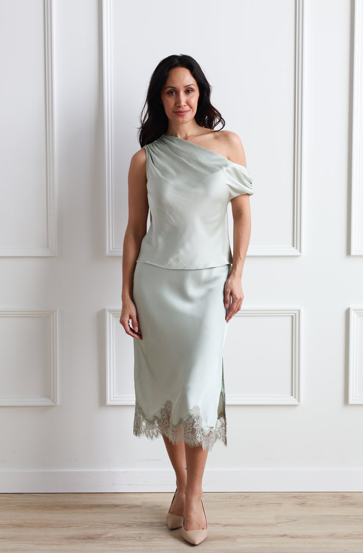 Sage Satin Asymmetrical Top