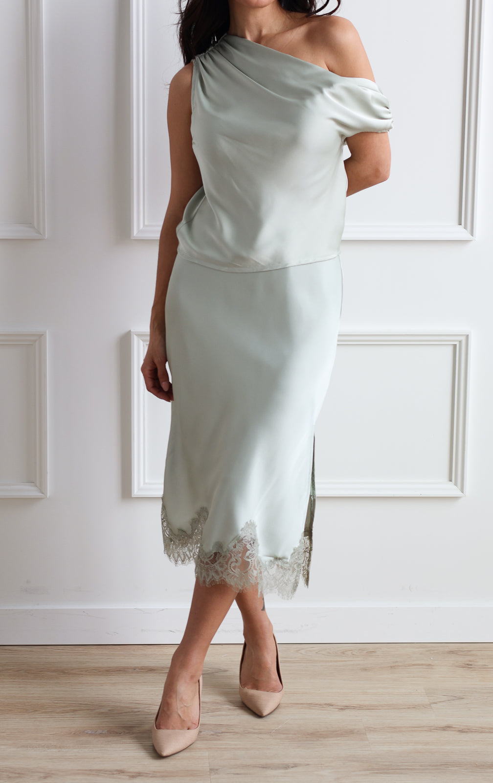Sage Satin Slip Skirt